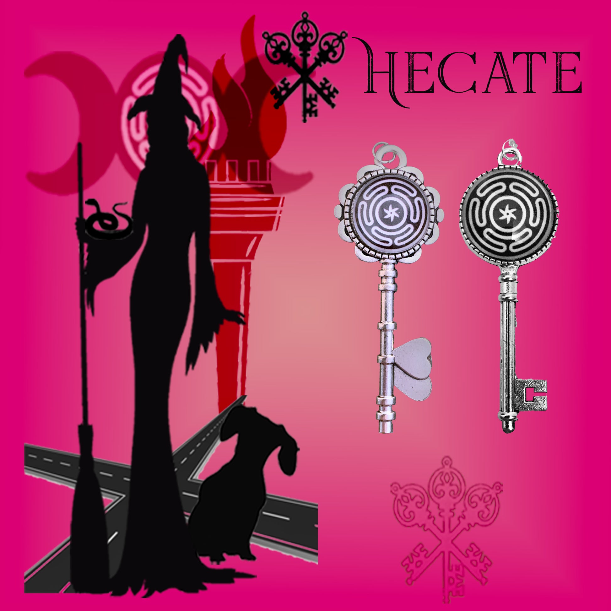 Goddess Hecate on the crossroads with a broom and a dog, picture of both Hecate Key Necklace - Moonlight Potions & Charms 