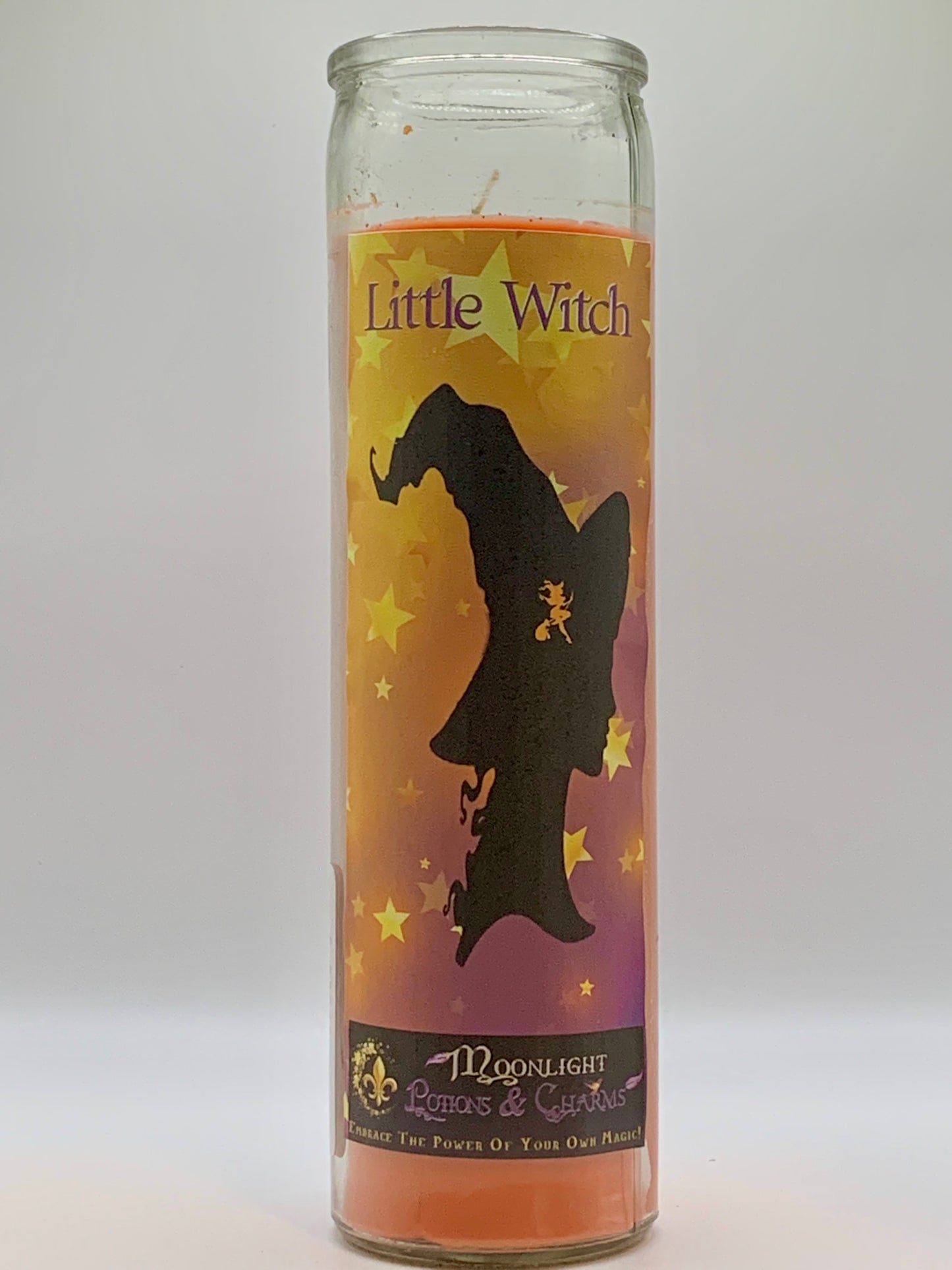 The Little Witch Prayer Candle Label - A little witch inside the head of a Witch.  Tall Orange Candle, Moonlight Potions & Charms