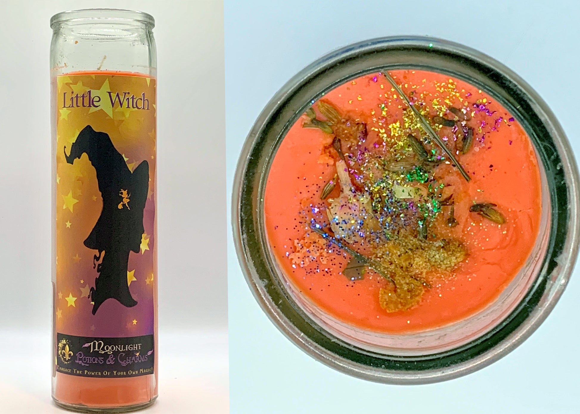 The Front and Top of the Little Witch Prayer Candle - Moonlight Potions & Charms