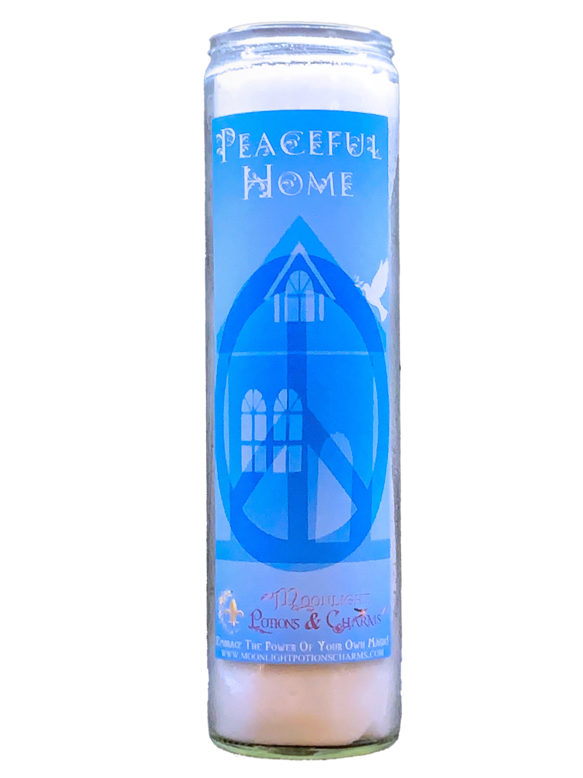 Peaceful Home Candle Label with a house, dove, peace sign, tall white candle - Moonlight Potions & Charms