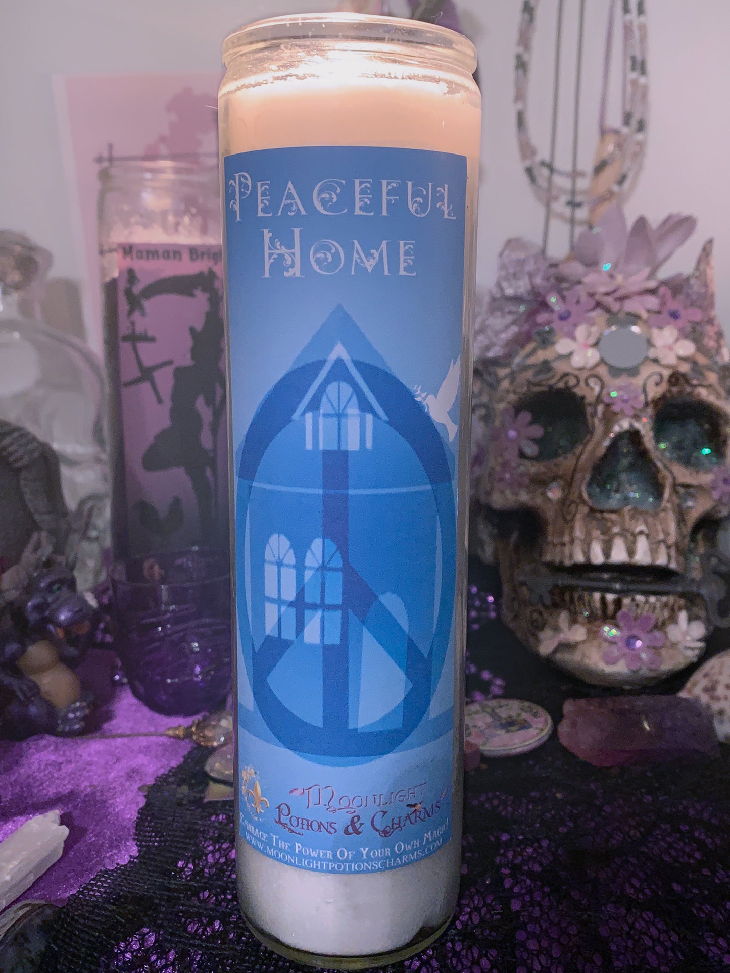 Peaceful Home Candle Label with a house, dove, peace sign, tall white candle on an altar background. Altar not included. - Moonlight Potions & Charms