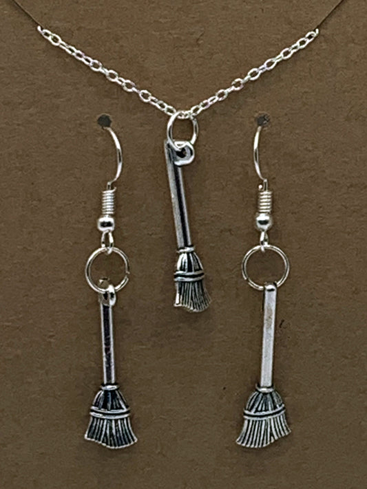Witch Broom Earrings and Necklace Gift Set