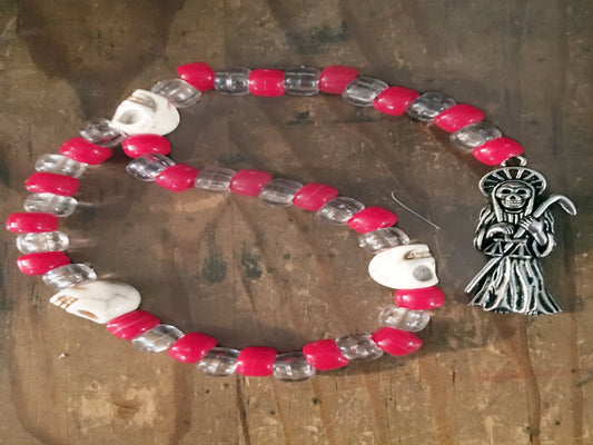 Santa Muerte Red & Clear Beaded Rosary